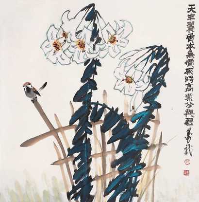 孙墨龙  山花小鸟 立轴